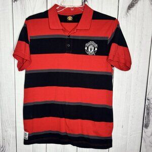 Manchester United Polo Sz L Red Black Striped Shirt MUFC Football Exclusive